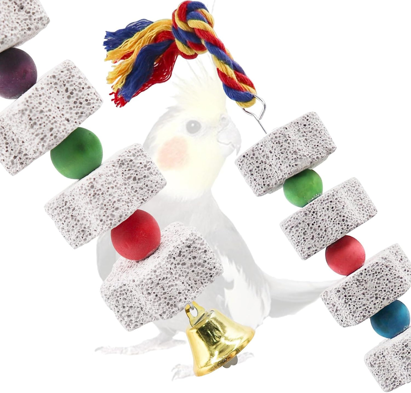 2 Pack Mineral Block Chew Toys with Colorful Beads and a Bell, Bird Beak Grinding Stone, Cage Accessories for African Grey, Budgies, Cockatiels, Small to Medium Birds