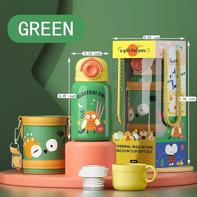 Kawaii Water Bottle with Sleeve Straw and 3 Lids, Cute Water Bottle Double Insulated and Portable Leakproof 15 oz Water Jug for School Sports Travel (GREEN)
