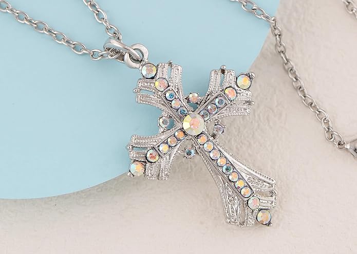 Alilang Silvery Tone Religious Cross Pendant Necklace w/Aquamarine Blue Or Clear Crystal Rhinestones