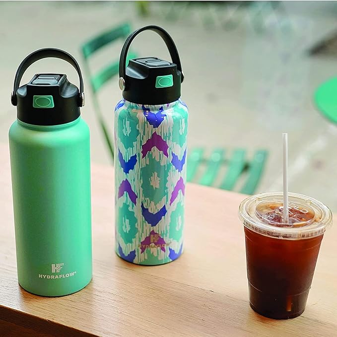 Hydraflow Hybrid - Triple Wall Vacuum Insulated Water Bottle with Flip Straw (34oz, Powder Black) Stainless Steel Metal Thermos, Reusable Leak Proof BPA-FREE for Sports and Travel