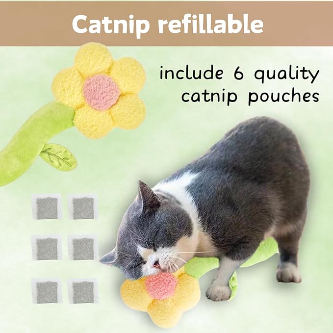 Catnip Refillable Interactive Cat Toy with Crinkle Sound, Flower Kicker Toy for Indoor Cats, Includes 6-Pack Catnip Pouches, Chew, Food Puzzle for Kitten Enrichment