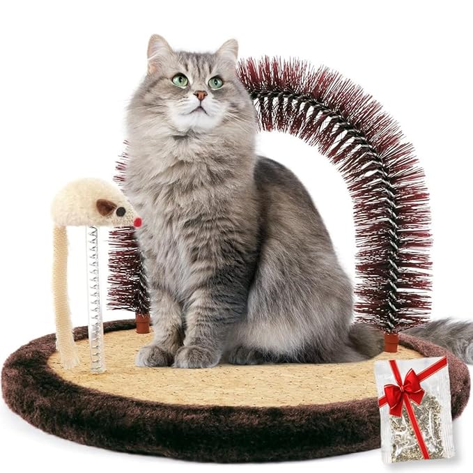 Happi N Pets Original Cat Self Groomer, Arch Grooming Brush wtih Heavy Wooden Scratching Pad, Rubbing Post & Toy, Cat Face Scratchers Body Massager, Cat Scratchers for Indoor Cats, Brown