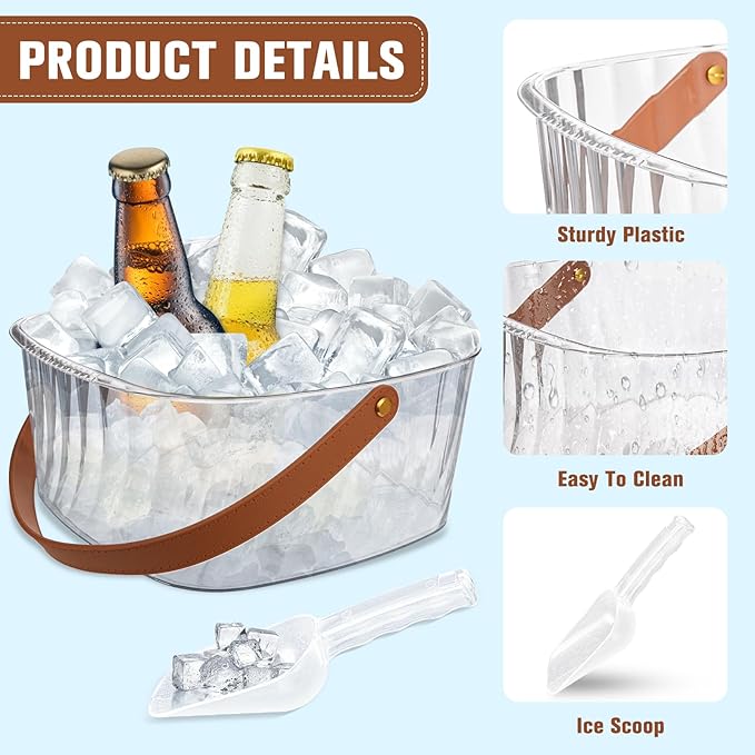 Ice Bucket for Parties, Ice Bucket Bar Beer 6L, Clear Plastic Champagne Bucket with Leather Carrying Handle, Square Ice Bucket with Scoop for Cocktail Bar, Parties, Drinks, Wine, Beer Bottles