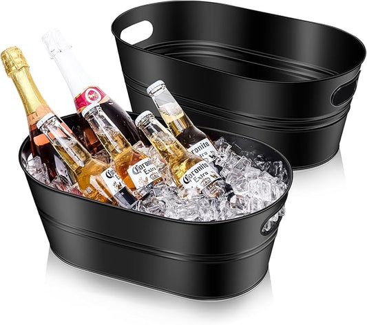 Ice Buckets for Parties 2 Pcs 3 Gallon Galvanized Beverage Metal Tub Champagne Drink Wine Black Large Ice Bucket with Scoops for Cocktail Mimosa Bar Supplies