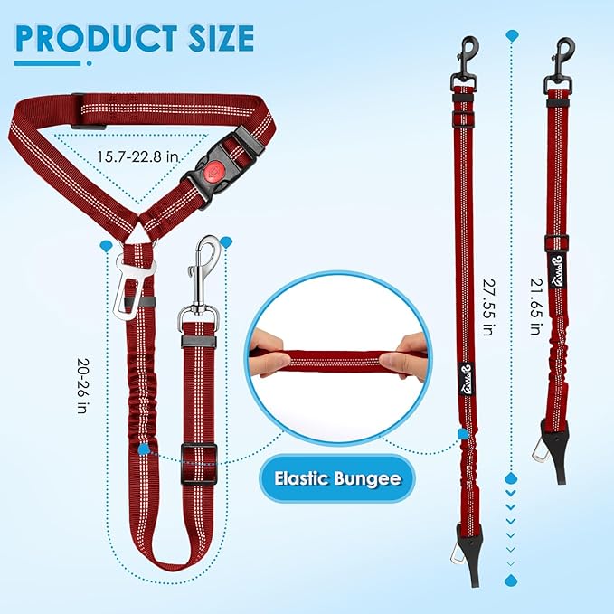 Lukovee Dog Seatbelt Leash for Cars, 2 Pack Pet Safety Seat Belt with Adjustable Buckle & Reflective Bungee, Connect Dog Harness in Vehicle Dogs Restraint Travel Daily Use (Red)