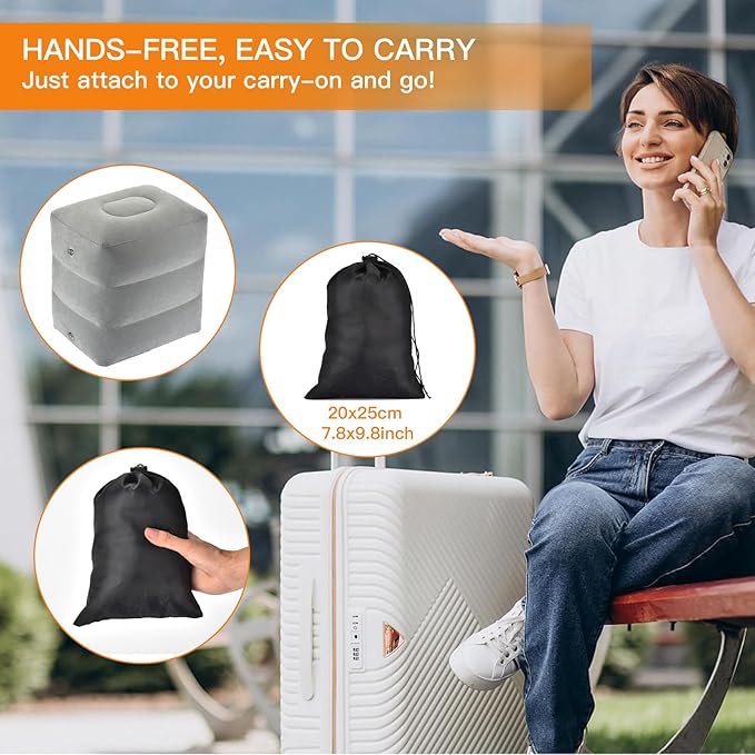 Inflatable Foot Rest Airplane - Adjustable Air Travel Bed for Kids with Pump - Plane Leg Rest Pillow for Adults - Perfect for Long Flights, Cars, Trains, and Home - Light Gray, 1 Pack