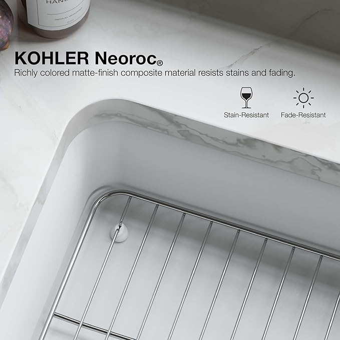 KOHLER K-8199-CM6 Cairn Sink, 33" Neoroc Composite Undermount Double-Bowl Kitchen Sink, Composite Kitchen Sink with Sink Rack, Matte White
