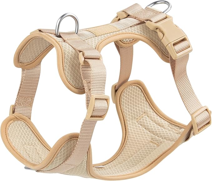 Wisedog Mesh Breathable Dog Harness: No Pull Harness with 3 Fast-Release Buckles Adjustable for Walking & Training for Small Medium Large Dogs (Sand Color, M: Neck=17"-22"/Chest=15"-28")