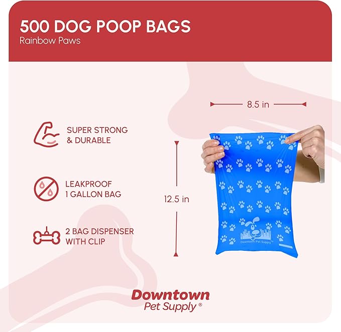 Downtown Pet Supply Poop Bags for Dogs with Dispenser, 500 Count - Leak-Proof Dog Waste Bags and Bone-Shaped Dog Poop Bags Holder for Leash - Rainbow with Paw Prints, 12.5" x 8.5"