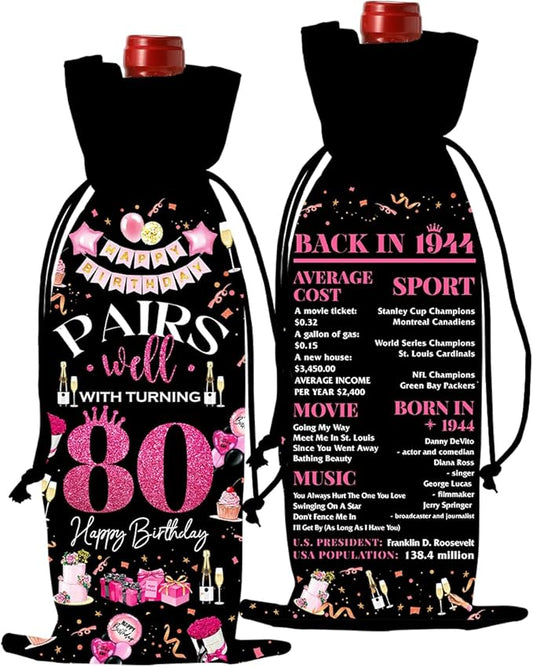 80th Birthday Gifts for Women Men Wine Bag, Birthday Gifts for 80 Year Olds Woman, 80th Birthday Party Decorations for Women Men, Pairs Well with Turning 80 Wine Bags (Black Pink)