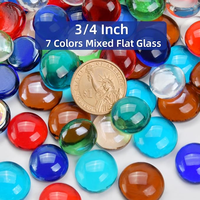 2LB Mixed Color Flat Glass Marbles for Vases, Mancala Stones Gemstone Beads Vase Filler Decorative Glass Pebbles for Fish Tank, DIY Crafts, Mosaics, Aquarium Decor Rocks, Candle Holders