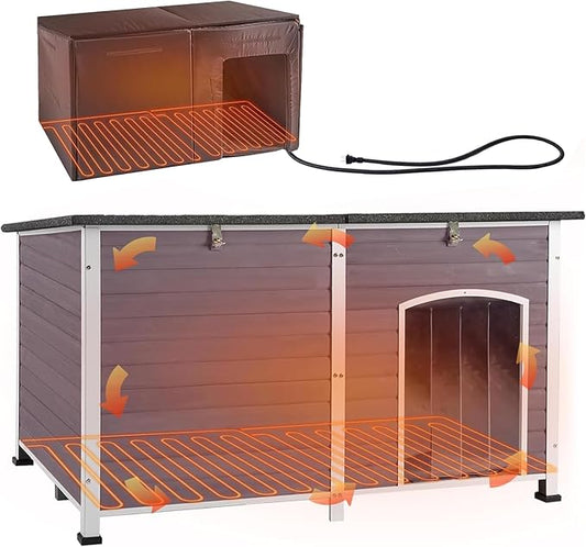 Aivituvin Dog House Insulated Outdoor Dog Kennel with Heated Liner for Winter 59" Extra Large Insulated Dog Cage with Heater,All-Around Iron Frame(Grey)