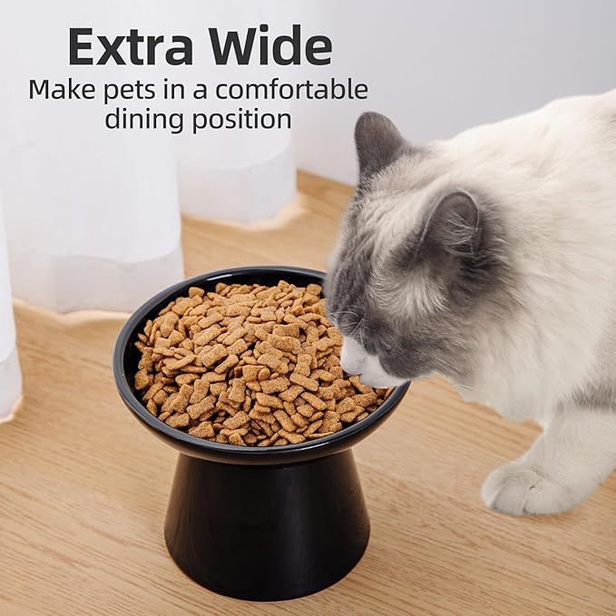 Extra Wide Elevated Cat Food Bowl, Ceramic Cat Bowls for Food and Water, Wide Shallow Cat Food Dish, Whisker Fatigue, Lead & Cadmium Free, Great Height for Cat（Black-1pc）