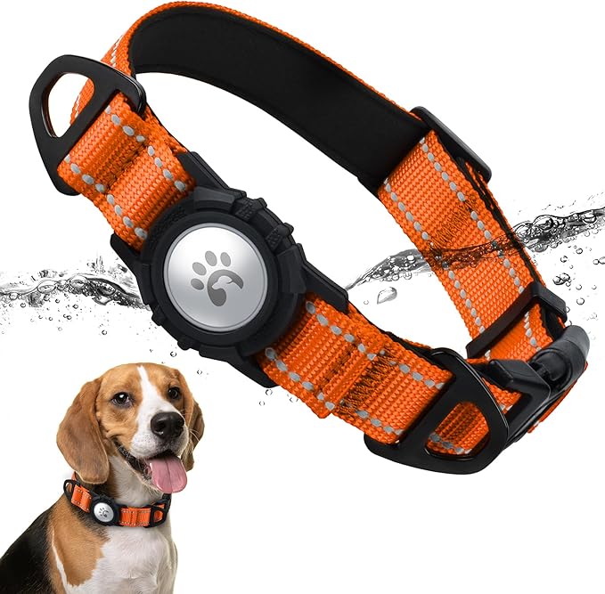 TagME Airtag Dog Collar,Waterproof Reflective Pet Collar with Airtag Holder,Soft Padded and Double D-Rings for Medium Dogs,Orange