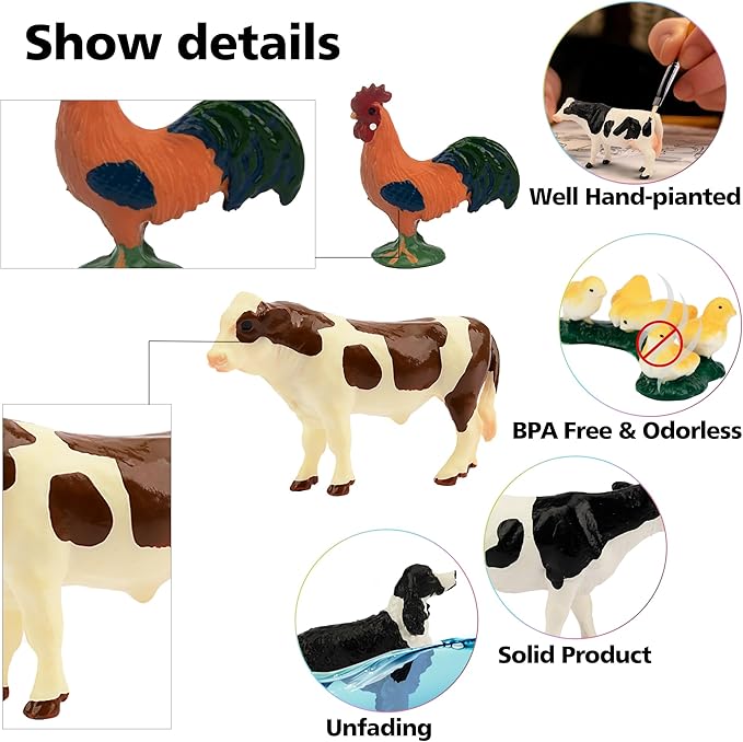 Toymany 14PCS 0.6-2.5" Tiny Farm Animal Figures Toy, Detailed Texture Farm Figurines Cake Topper, Easter Eggs Birthday Gift School Project for Kids Children Toddlers