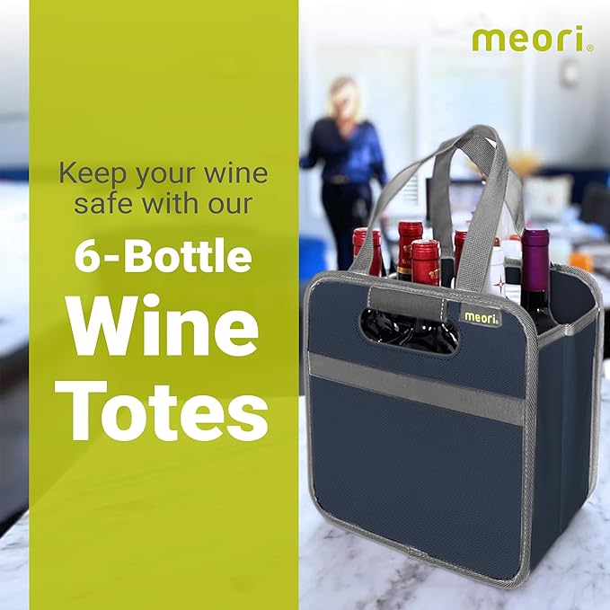 meori Foldable 6 Bottle Wine Tote Marine Blue Organize Crate Glass Dividers Stylish Travel Storage Box Liquor Spirits Tastings Grocery Shopping Hostess Gift (A100616)