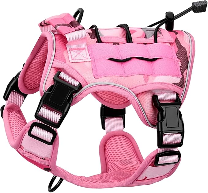 Heavy-Duty Tactical Dog Harness for Large Dogs, No Pull Adjustable Reflective Pet Vest with Molle System, K9 Military-Grade Control for Service Training, Outdoor & 10+ Breeds, Pink Camo, Small