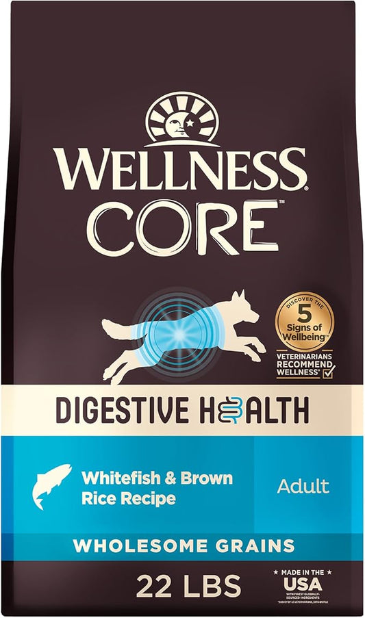 Wellness CORE Digestive Health Dry Dog Food, Wholesome Grains, Natural, Recipe for Dogs with Sensitive Stomachs, Whitefish & Brown Rice, (22-Pound Bag)