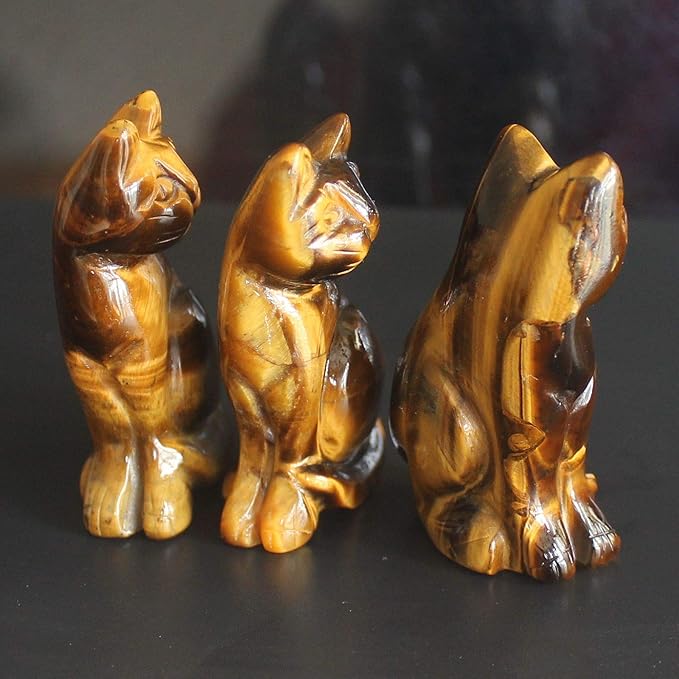2‘’ Hand Carved Mixed Gemstone Crystal cat Figurine Animal Carving (Golden Tiger Eye)