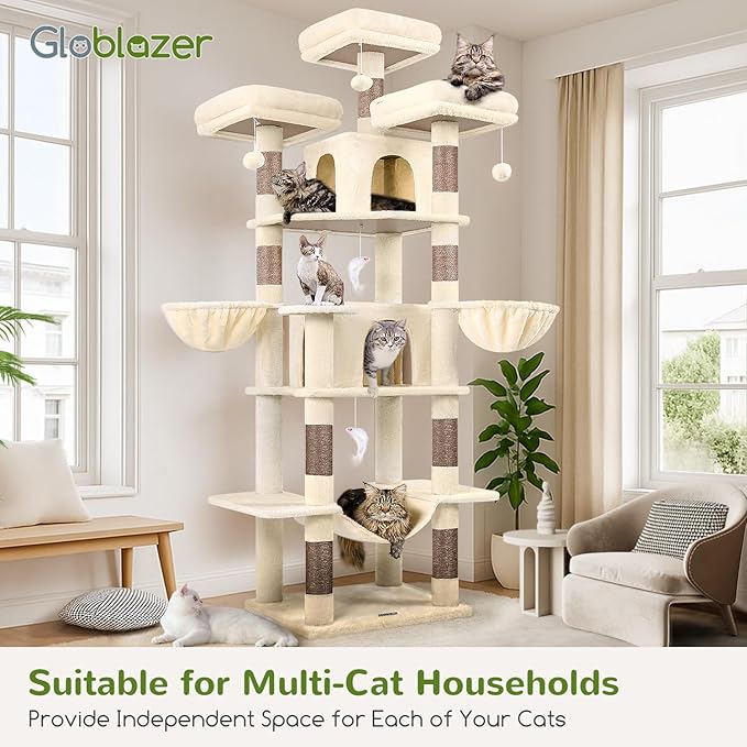 Globlazer Big Cat Tower for Indoor Cats, 80inch Cat Tower for Multiple Adult Cats XXL Cat Tree with Scratching Post, Hammock, 3 Perches, 2 Condos, 2 Hanging Basket, F80, Beige
