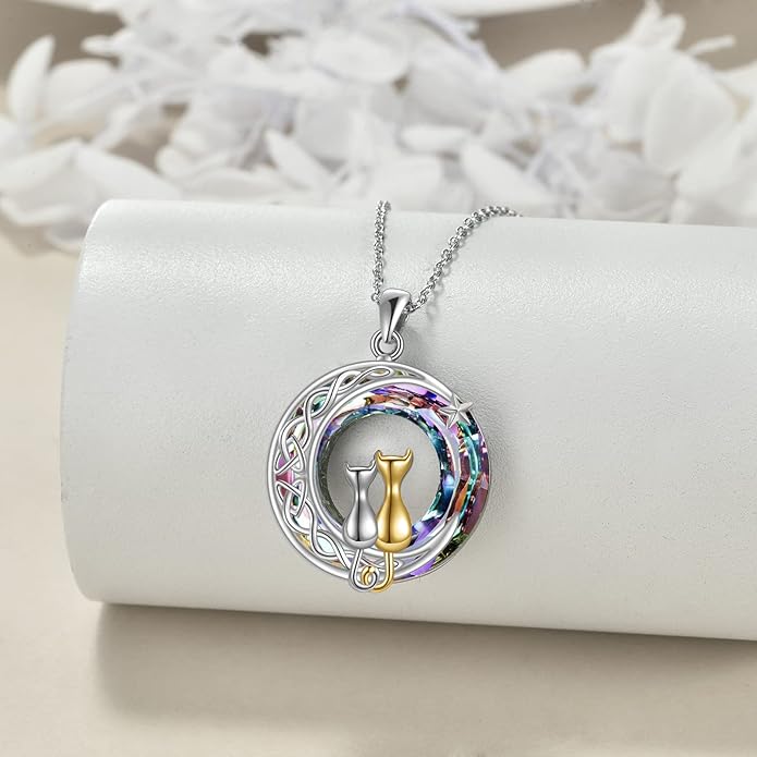 925 Sterling Silver Moon Black Cat Necklace for Women - Tree of Life Jewelry with Abalone Stone - Cat Lover Birthday Gift
