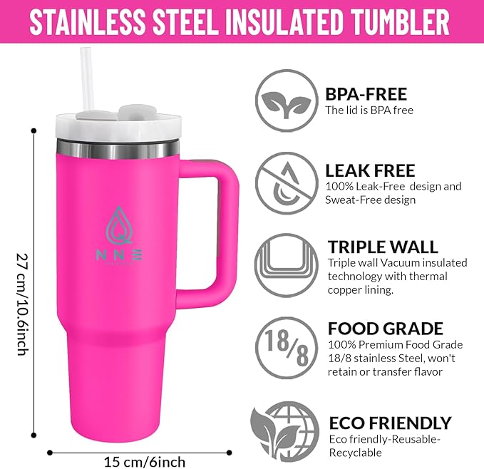 40oz stainless Steel Insulated Tumbler with Handle, lid and straw for cold water, Iced tea, or coffee - 100% Leak-Proof - Cupholder Friendly Travel Mug- Gifts for Women Men Him Her (Pink)
