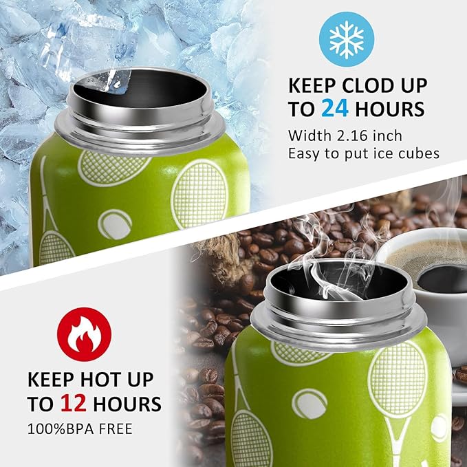 32 oz Tennis Water Bottle Insulated Vacuum Stainless Steel Sports Water Bottle with 2 Lids (Straw and Spout Lid) for Gym Camping Hiking