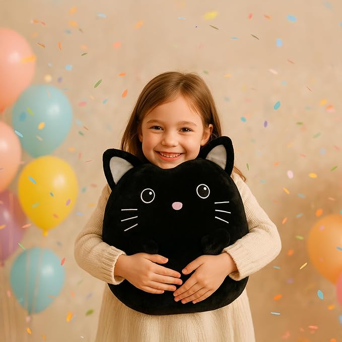 Black Cat Kitty Stuffed Animals Plush Toys with Embroidered Eyes for Boy Girl Baby Halloween Decoration Pillow Cushion Sofa Housewarming Gifts