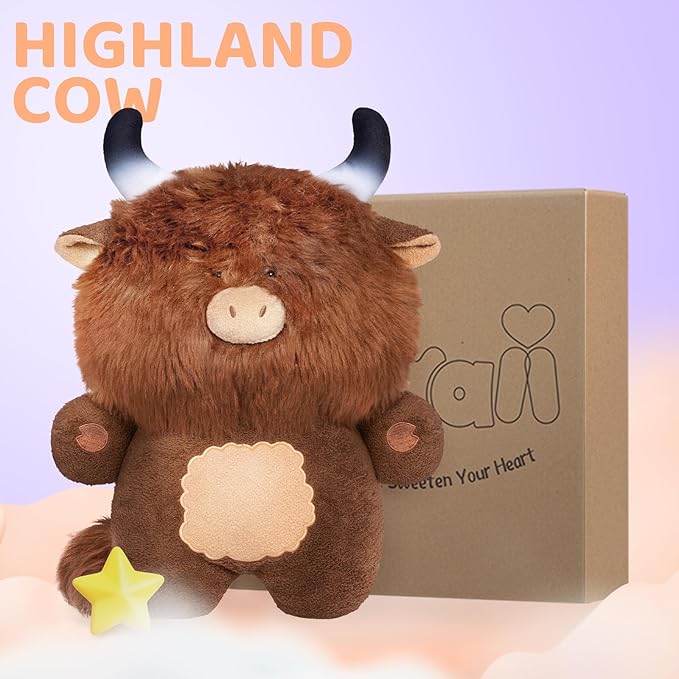 Highland Cow Plush Toys, Brown Fluffy Stuffed Animals, Squishy Doll & Plushie Pillow, Home Decor Throw Pillow Gifts for Girls (18 Inches)