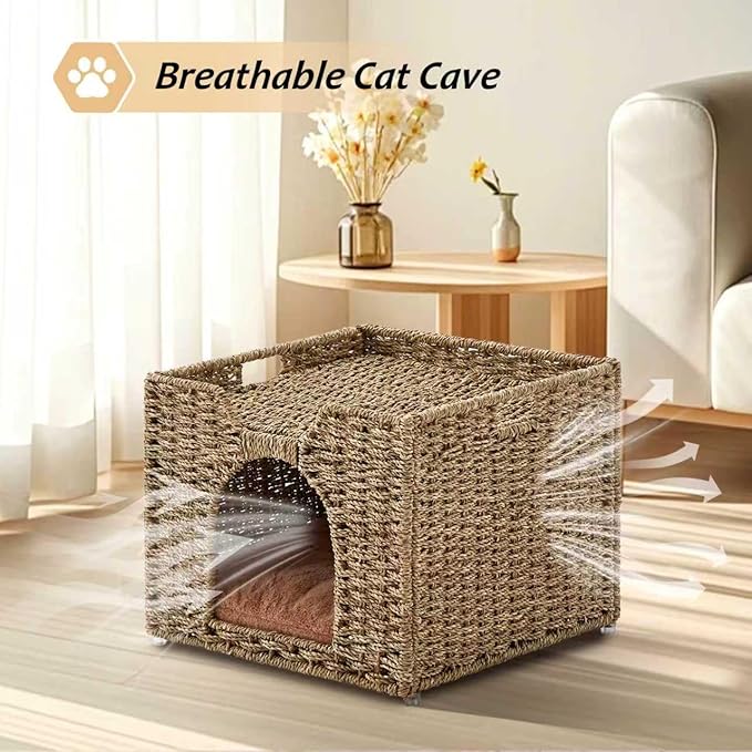 Cat Houses for Indoor Cats, Handwoven Natural Seagrass Cat Cave Pet Cube,Foldable Pet Cat House, Cat Beds with Double-Sided Mat, Hideaway, in Living Room Bedroom