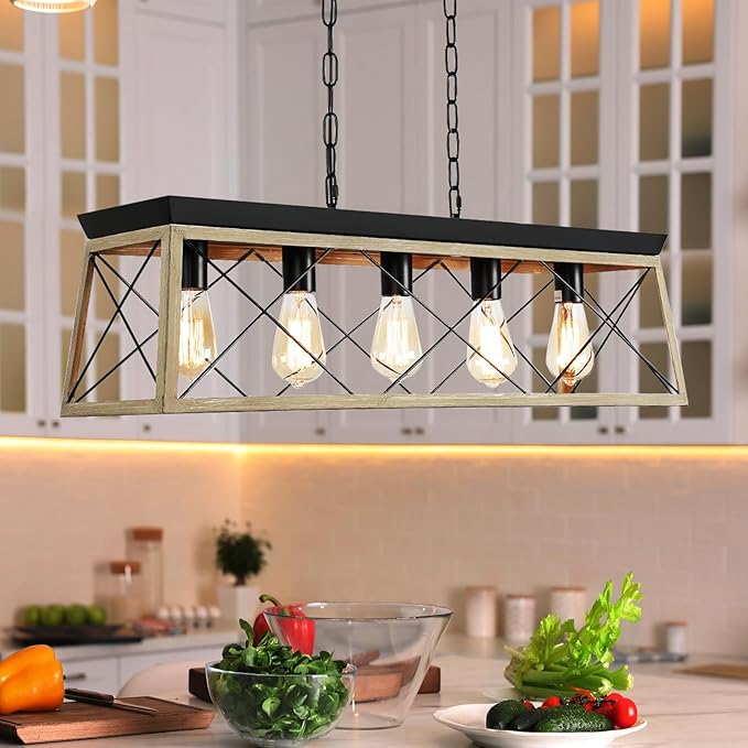 Dining Room Light Fixture/Chandelier Over Table, 5-Light Kitchen Island Lighting Hanging for Farmhouse Linear Chandeliers Matte Black Rustic Wood Pendant Ceiling Light Fixtures