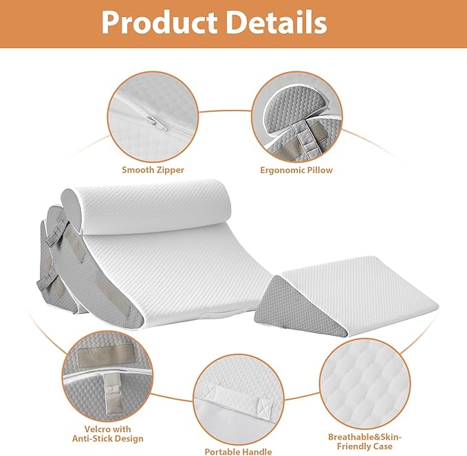 Orthopedic Bed Wedge Pillow Set 4PCS, Wedge Pillow Set for Back Pain Relief, Sitting up in Bed, Post Surgery, Acid Reflux, Snoring&GERD, Body Pillow for Sleeping,Leg,Neck,Shoulder Support, White/Grey