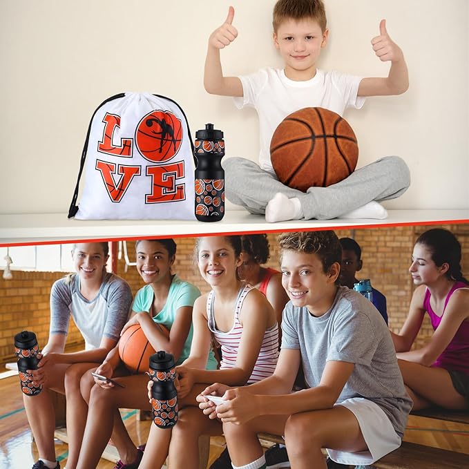 24 Pcs 24 oz Basketball Water Bottle Bulk and Drawstring Bag Set 12 Reusable Plastic Biking Water Bottle Tumbler 12 Sport Gym Goodie Gift Bag for Party Favor (Orange, Black)