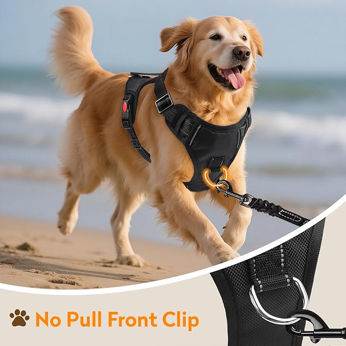 No Pull Dog Harness with 2 Leash Clips, Reflective Adjustable Soft Padded Vest with Handle, Breathable Oxford No Choke Pet Vest for Large Dogs, Black,L