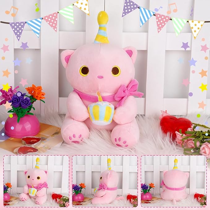 Cat Stuffed Animal - 8 Inch Pink Cat Birthday Stuffed Animal, Cute Stuffed Cat Plush Toy Happy Birthday Gifts for Kids Boys Girls