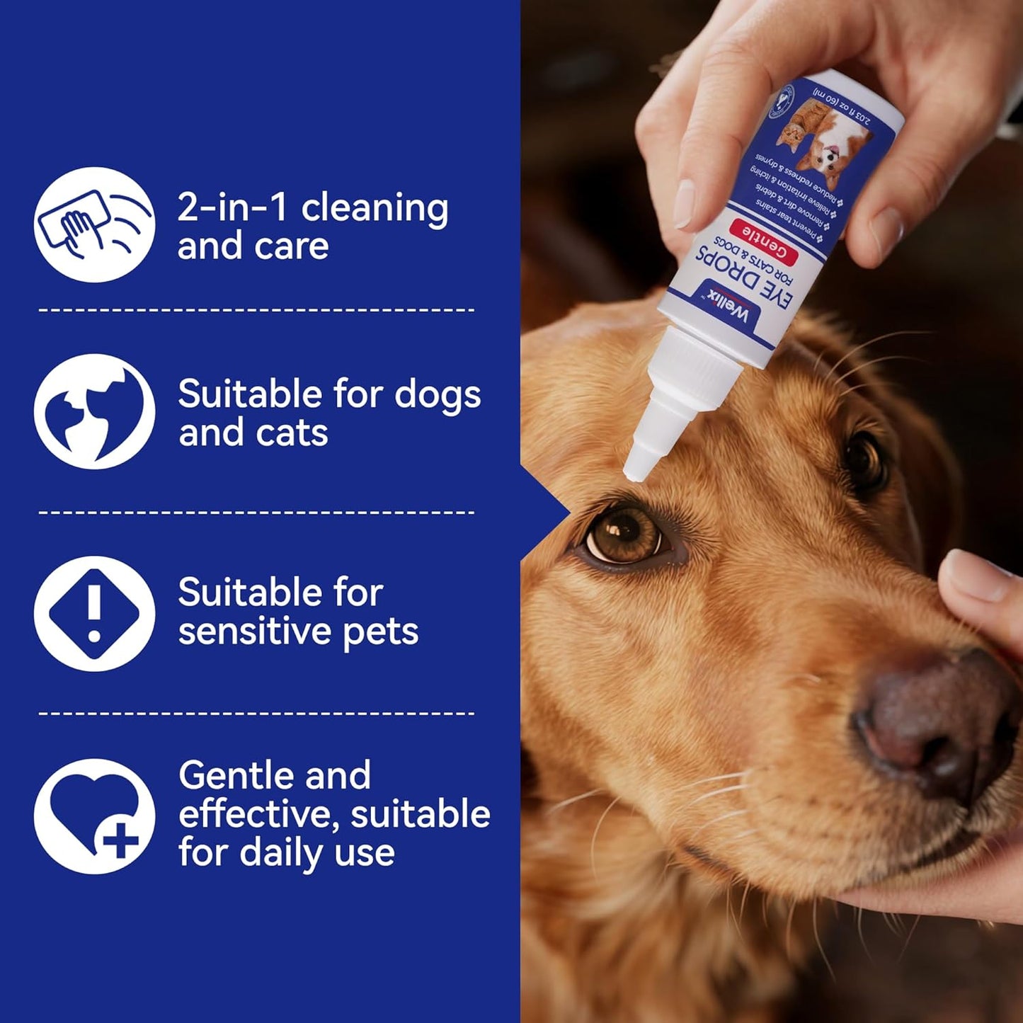 Wellix PET Dog Eye Drops for Dogs&Cats - Dog Eye Infection Treatment to Soothe Eye Allergy, Soothe Dry&Pink Eyes, Dog Tear Stain Cleaner(2X60ml)