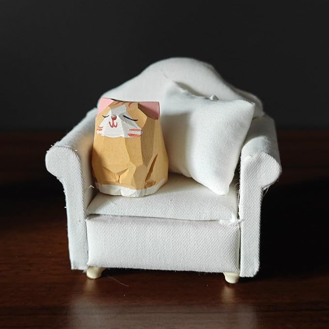 Miniature Wooden Cat Figurines with Sofa – Handcrafted Decorative Cats Set, 3 x 3.1 Inches, Home Décor for Desk, Bookshelf, and Living Spaces