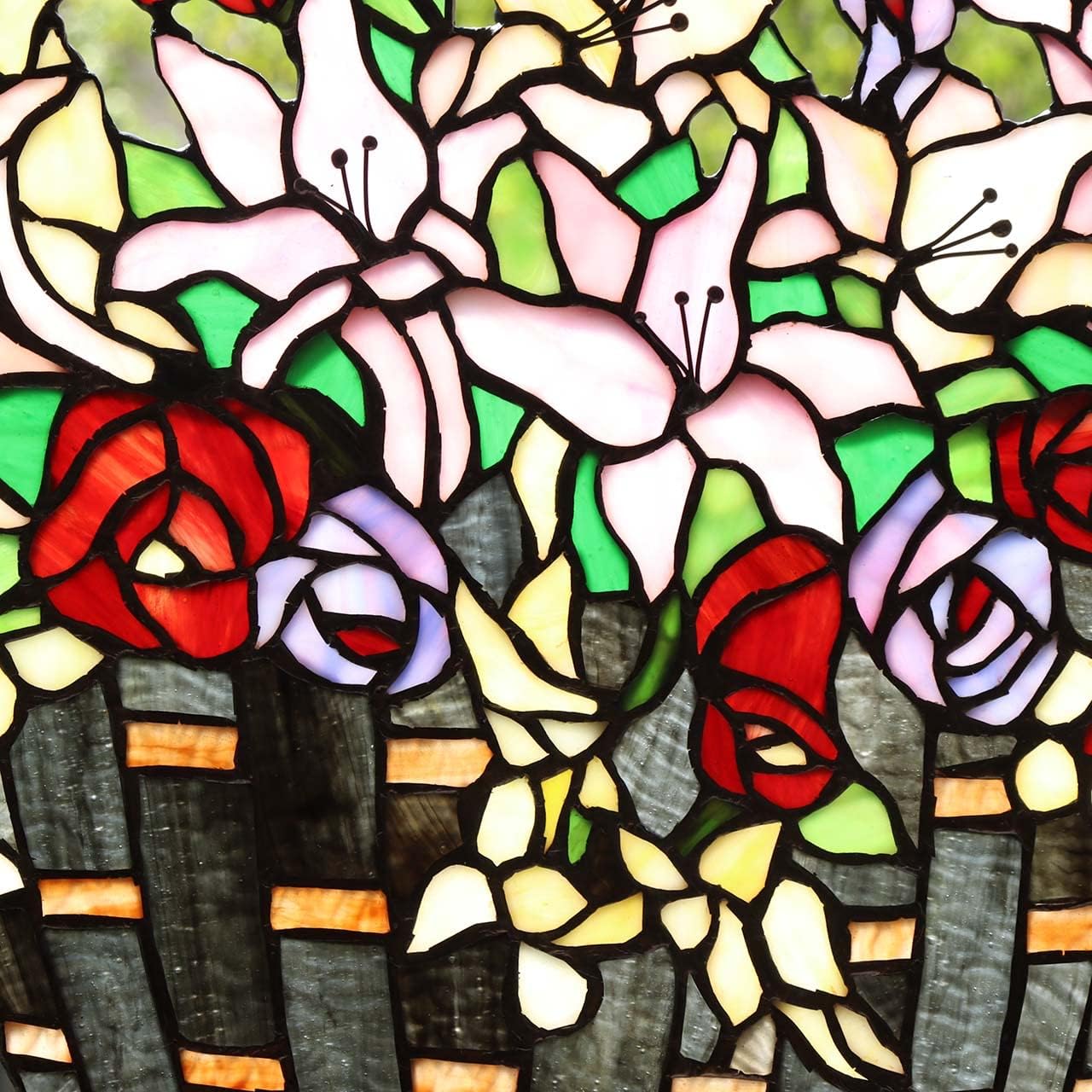 Bieye W10037 Lily and Rose Flower Gaily Decorated Basket Tiffany Style Stained Glass Window Panel with Chain, 24" W x 20" H