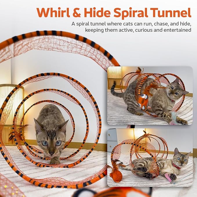 5 in 1 Interactive Cat Toys for Indoor Cats Bundle - Cat Tunnel, Fishing Pole, Feather Toy Teaser Wand, Spiral Tube, Cat Kicker - Crinkle Hanging Moving Cat Toys for Bored Indoor Adult Cats