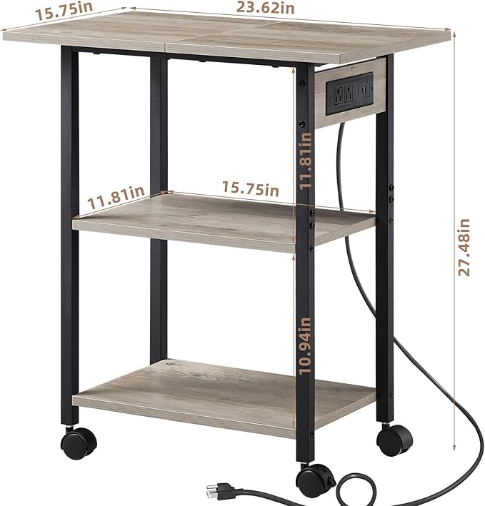 Lerliuo 3-Tier Printer Stand with Charging Station, Industrial Mobile Printer Table with Storage Shelf and Steel Frame, Rolling Printer Cart Holder with Lockable Wheels for Home, Office (Oak)