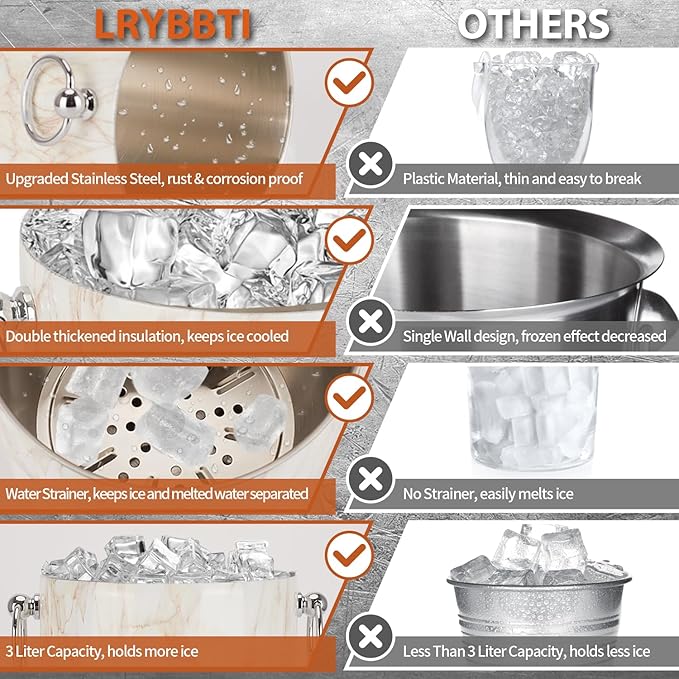 Ice Bucket with Lid, 3L Diamond Bottom Design Double Wall Stainless Steel Insulated Ice Bucket, Champagne Bucket, Wine Bucket for parties, cocktail bar, Marble