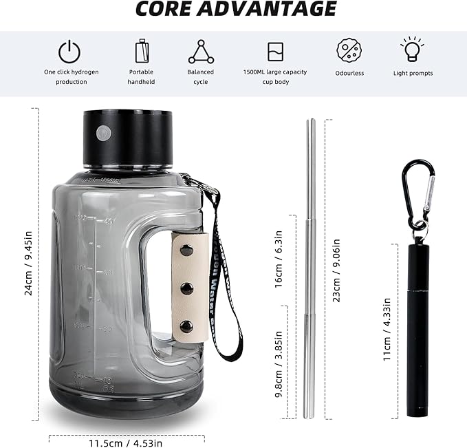Hydrogen Water Bottle With Portable Foldable Straw, 57OZ/1.5L Large Portable Rechargeable Hydrogen Water Generator with SPE Technology for Home, Office, Travel, Drinking, Outdoor Adventure