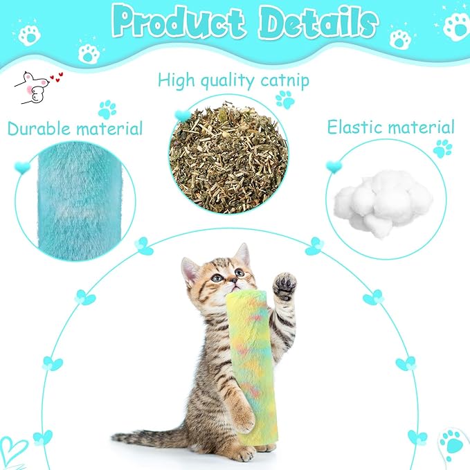 Civaner 6 Pcs 10.6 Inch Cat Catnip Toys Interactive Kitten Kicker Toy Soft Plush Cat Pillow Sticks Kitten Chasing Chewing Exercising Catnip Toy Indoor(Yellow,Mint Green,Blue,Fresh)