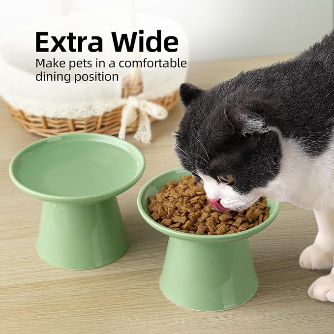 6.2 Inch Extra Wide Elevated Ceramic Cat Bowls, Food and Water Bowl Set for Elder Big Cats Small Dogs, Raised Design for Pet Easy Eating, Protect Cat's Spine Set of 1(Green)
