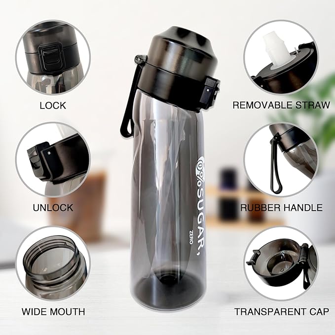 Air Water Bottle,650ML Scent Water Cup with 7 Flavour Pods,Leak Proof Sports Water Cup with Straw Suitable for Outdoor Sports,Gifts From Friends, Birthday Gifts (Black)