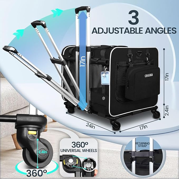 Petskd Extra Large Cat Carrier with Wheels and Litter Box, 24"x17"x17" Rolling Soft Carrier Until 55LBS Pets with 5 Breathable Mesh Windows and Locking Zippers for Long Distance Car Travel(Black)