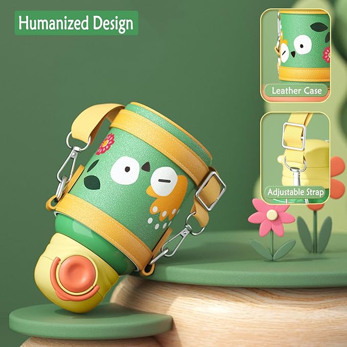 Kawaii Water Bottle with Sleeve Straw and 3 Lids, Cute Water Bottle Double Insulated and Portable Leakproof 15 oz Water Jug for School Sports Travel (GREEN)