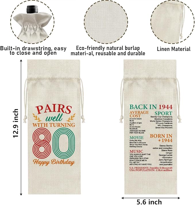 80th Birthday Gifts Wine Bag Congratulations Gifts for Women Men Parents Mom Dad Anniversary 1944 Birthday Wine Gift Bag