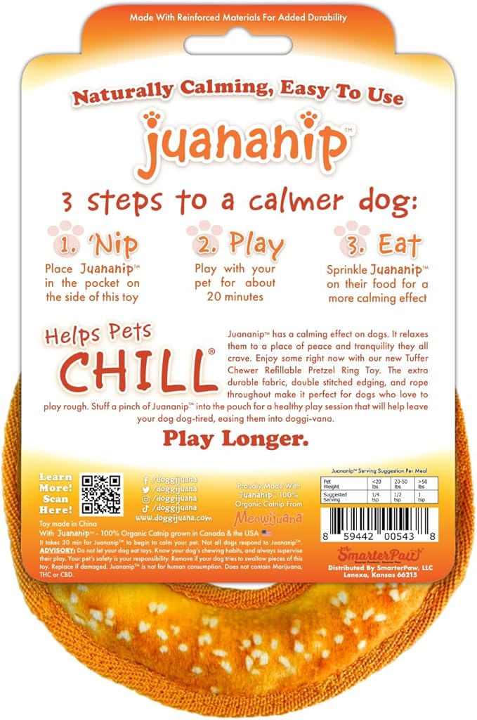 Doggijuana Tuffer Chewer Mini Plush Dog Toy | Funny Dog Toy Plush with Juananip Catnip for Dogs | Calming Aid for Dogs | Interactive Squeaky Chew Toy for Play (Pretzel Ring)