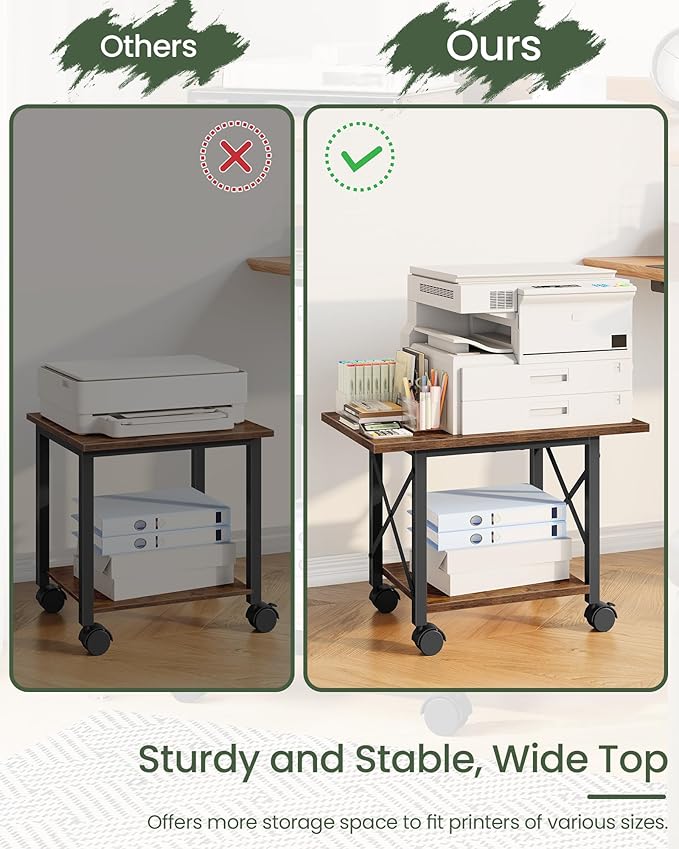 23.6" Under Desk Printer Stand, 2-Tier Printer Table with Wheels Adjustable Feet for Home Office, Study, Living Room, Rustic Brown and Black TPS01BF